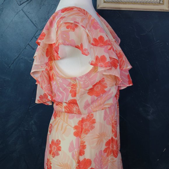 Lulus Cream & Hues of Pink Chiffon Maxi Dress Women's Floral Ruffled Size L - Picture 5 of 13